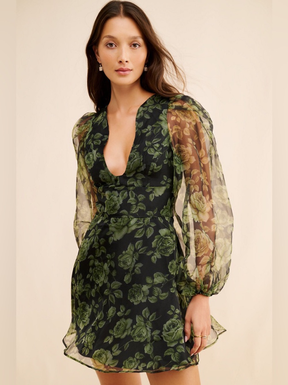 Hutch x Anthropologie Green Floral Long Sleeve U-Neck Satin Mini Dress sz 2